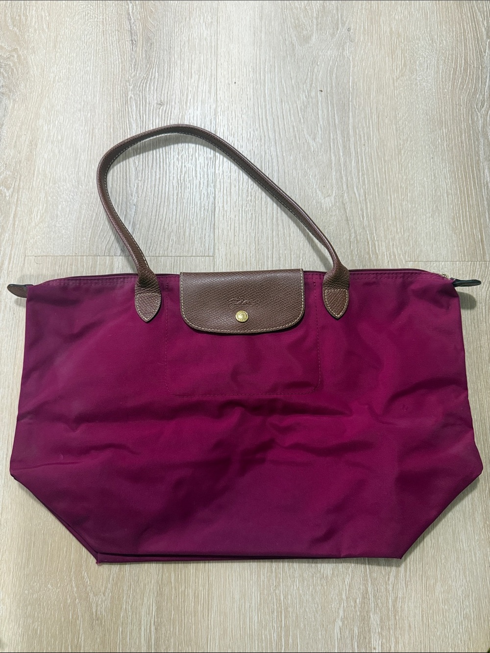 Longchamp Foldable Tote in Burgundy with Brown Leather Trim